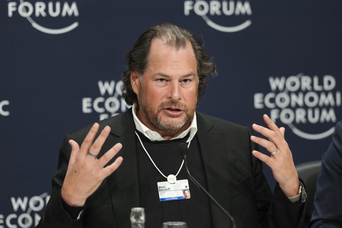 Marc Benioff, chairman and co-CEO of Salesforce speaks at the World Economic Forum in Davos, Switzerland