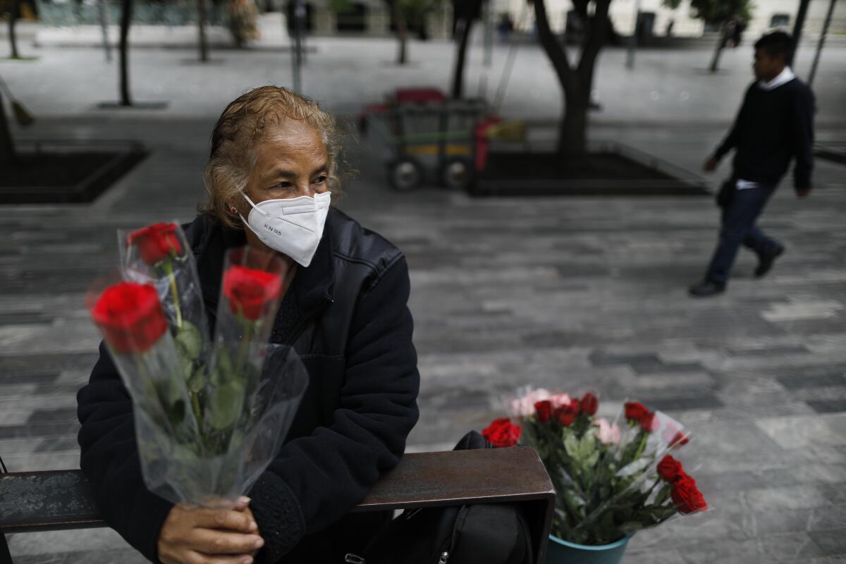 Martha Gonzalez Reyes, 76, sells roses in central Mexico City.