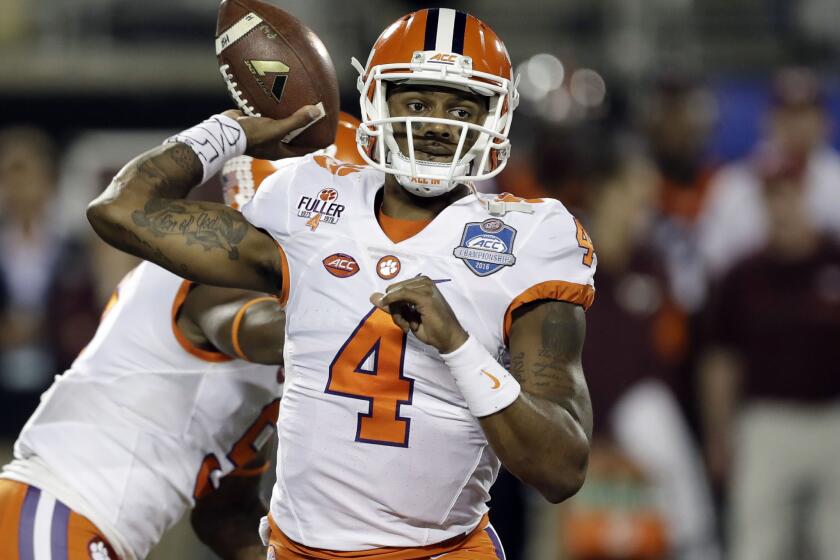 Clemson quarterback Deshaun Watson (4) looks to pass during the first half of the ACC championship game against Virginia Tech on Dec. 3.