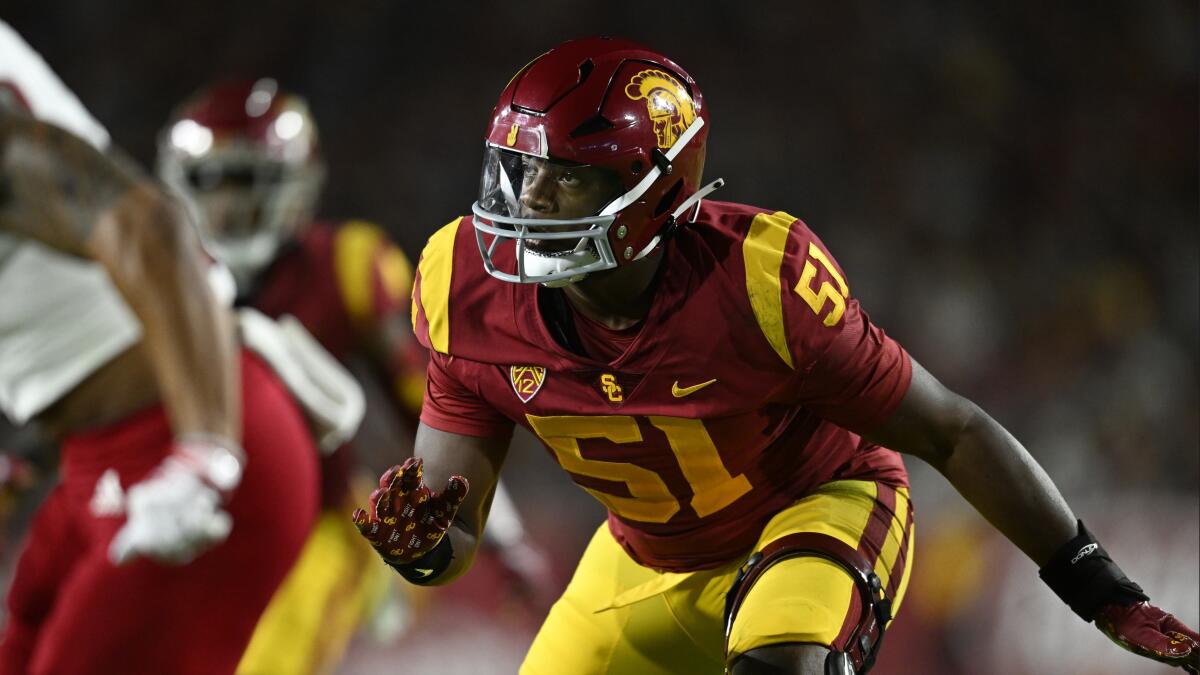 USC defensive lineman Solomon Byrd follows a play against Fresno State in Sept. 2022.