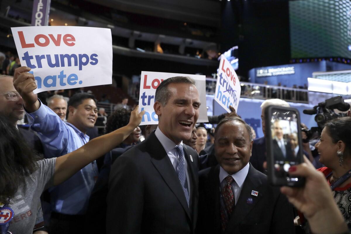 Los Angeles Mayor Eric Garcetti, seen at the Democratic National Convention in Philadelphia in 2016, has so far rejected the label "sanctuary city."