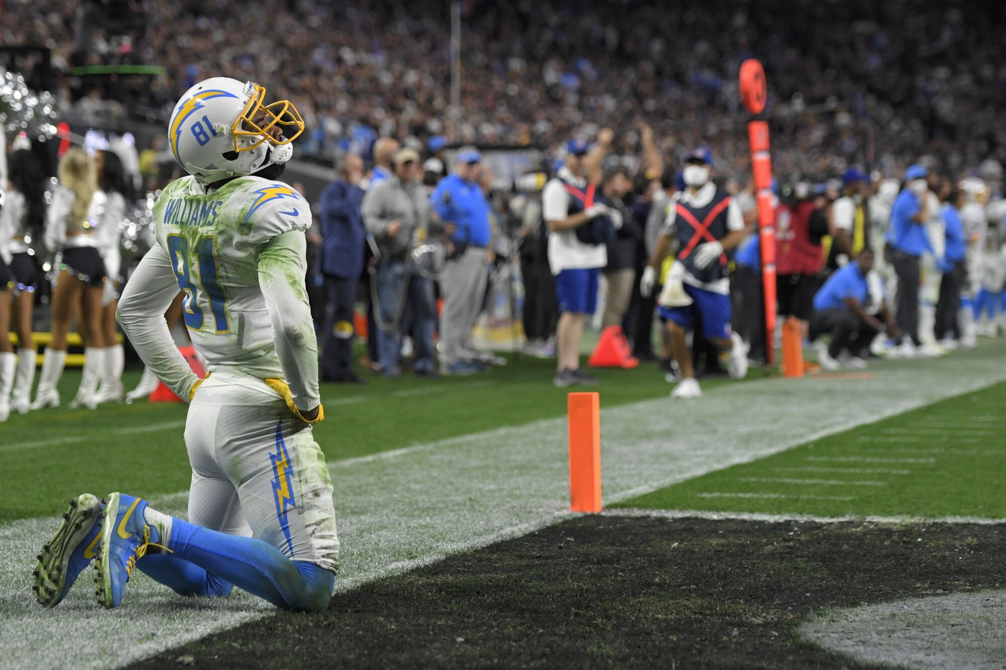 Chargers wide receiver Mike Williams reacts after missing an end-zone pass in overtime.