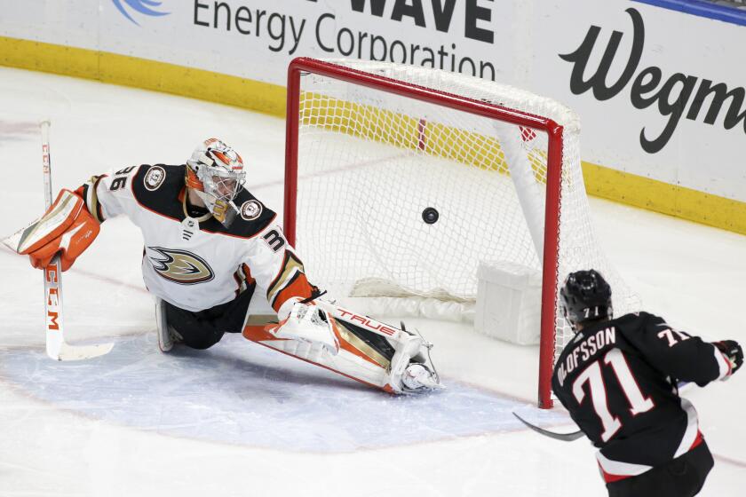 Buffalo Sabres left wing Victor Olofsson (71) scores past Anaheim Ducks goaltender John Gibson.