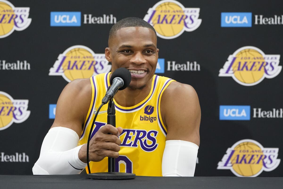 Los Angeles Lakers guard Russell Westbrook answers questions during the NBA basketball.