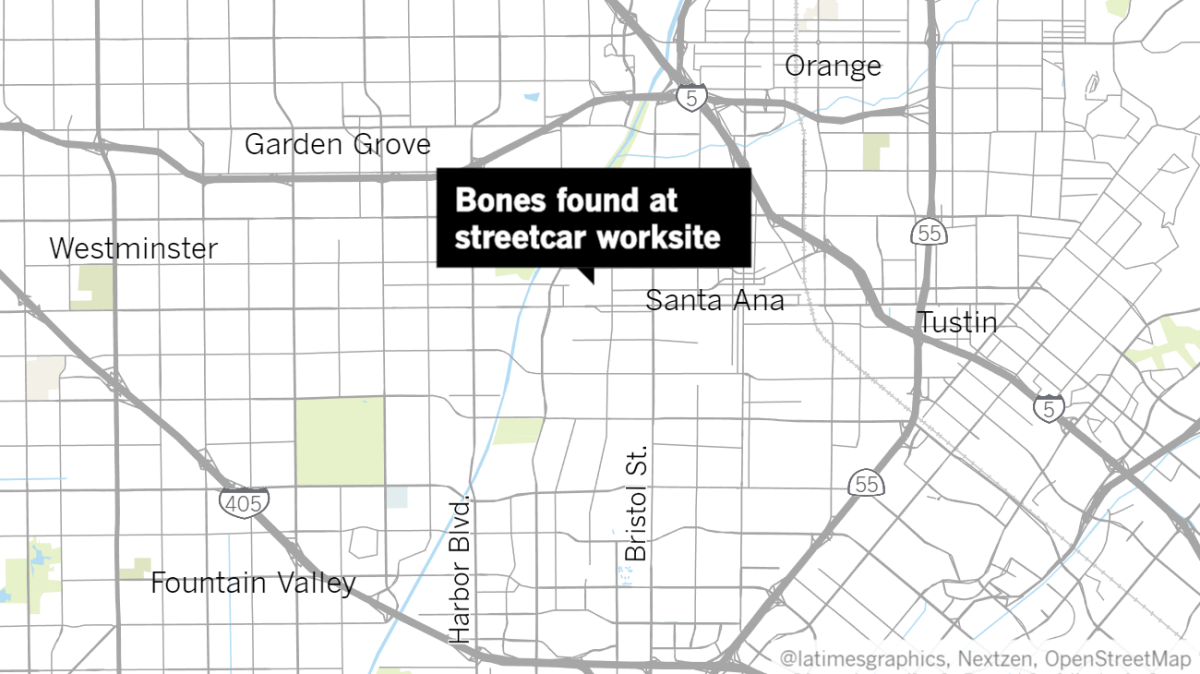 A label reading "Bones found at streetcar worksite" points to the 2000 block of West 5th Street on a map of Santa Ana