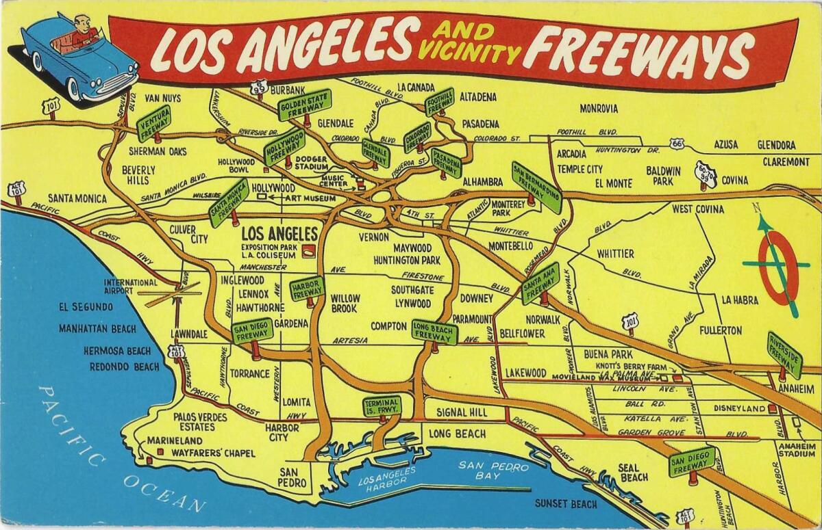 A cartoonish map of "Los Angeles and vicinity Freeways" on a postcard