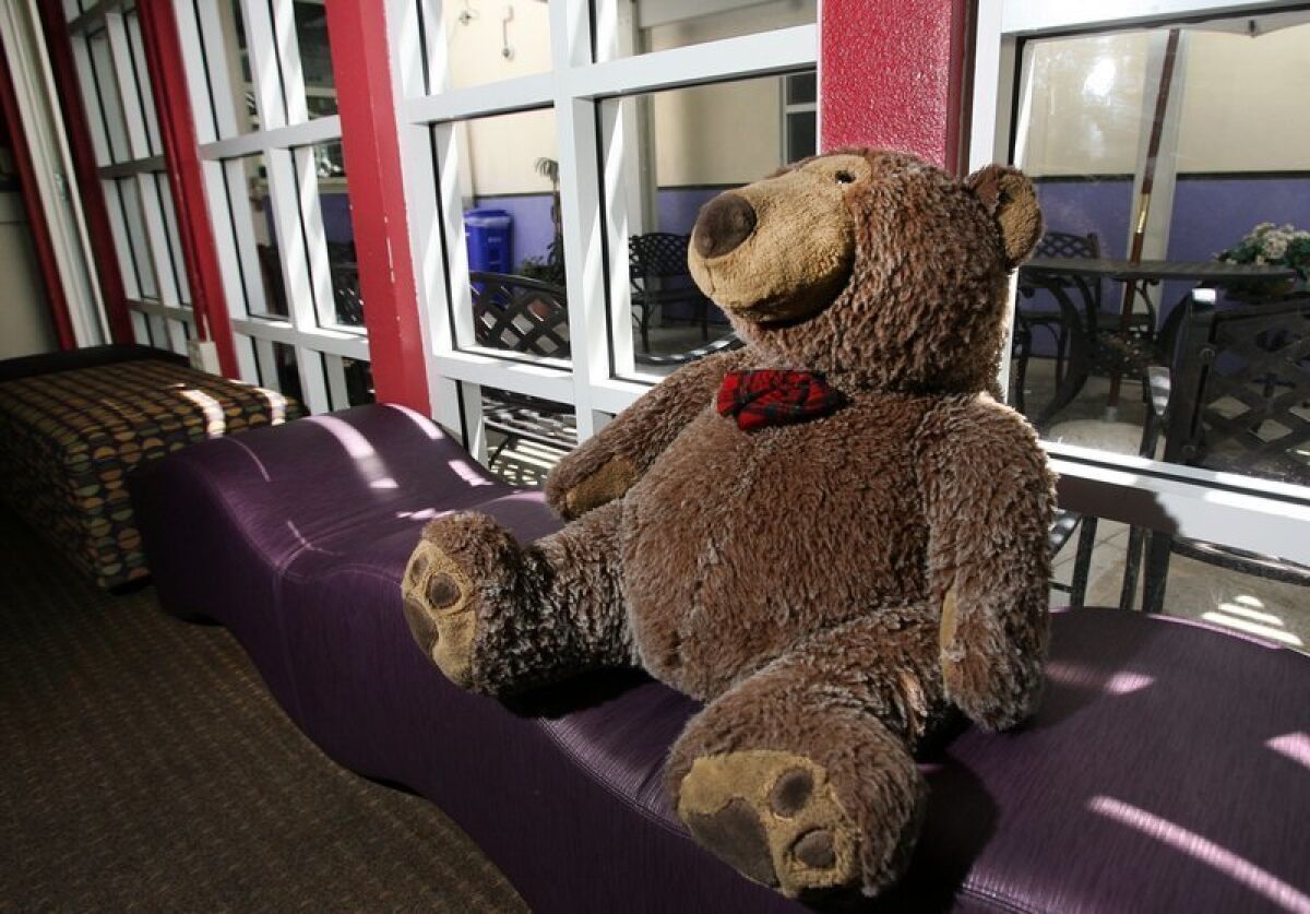 A teddy bear in the visitation room at the A.B. and Jessie Polinsky Children's Center in San Diego.