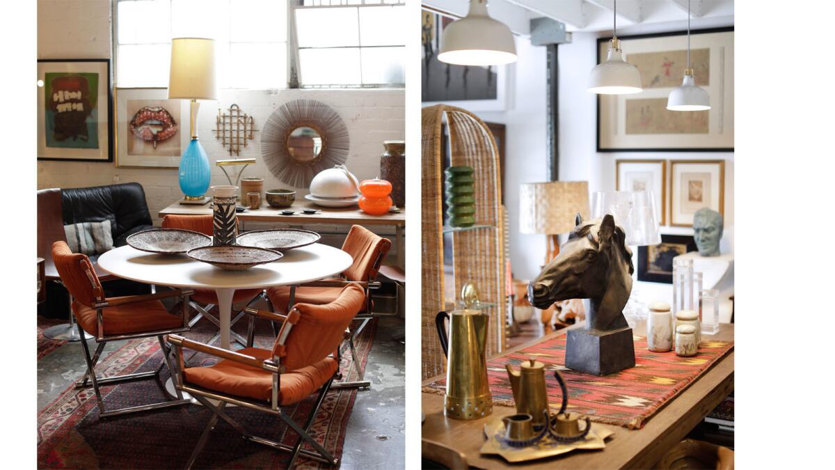 Side-by-side photos of a table with chairs, and a collection of vintage items on a table and on the walls