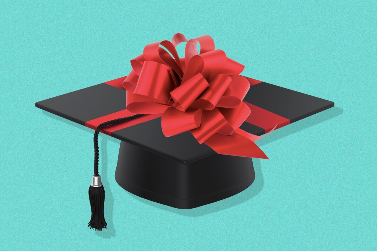 An illustration of a graduation cap wrapped in a bow 