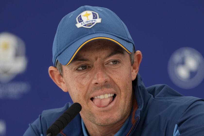 Europe's Rory McIlroy meets the journalists during a press conference ahead of the Ryder Cup at the Marco Simone Golf Club in Guidonia Montecelio, Italy, Wednesday, Sept. 27, 2023. The Ryder Cup starts Sept. 29, at the Marco Simone Golf Club. (AP Photo/Gregorio Borgia)
