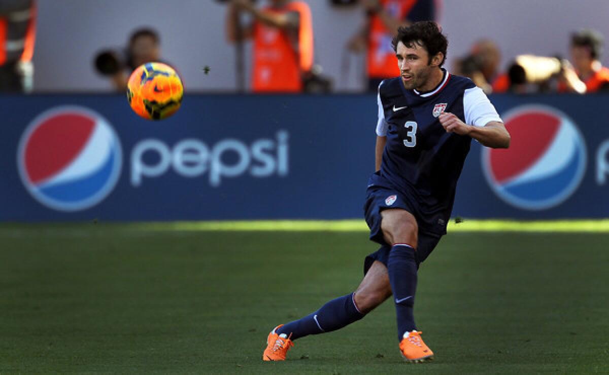 U.S. defender Michael Parkhurst kicks the ball during an international friendly match against South Korea on Feb. 1 at StubHub Center in Carson. The United States will play next week against Ukraine in Cyprus.