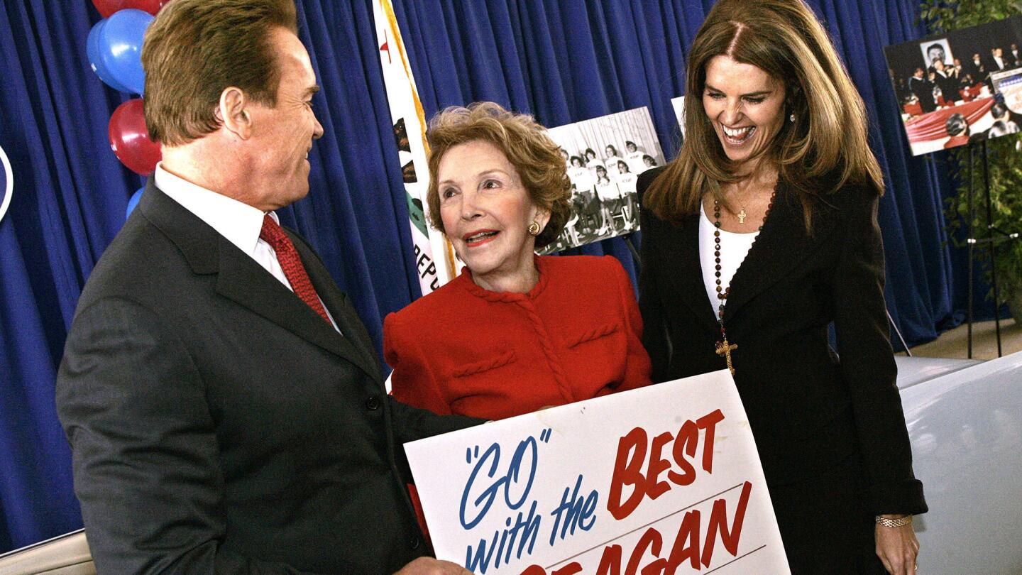 Gov. Arnold Schwarzenegger and his wife, Maria Shriver, with Nancy Reagan at a ceremony commemorating the 40th anniversary of Ronald Reagan's first gubernatorial win.