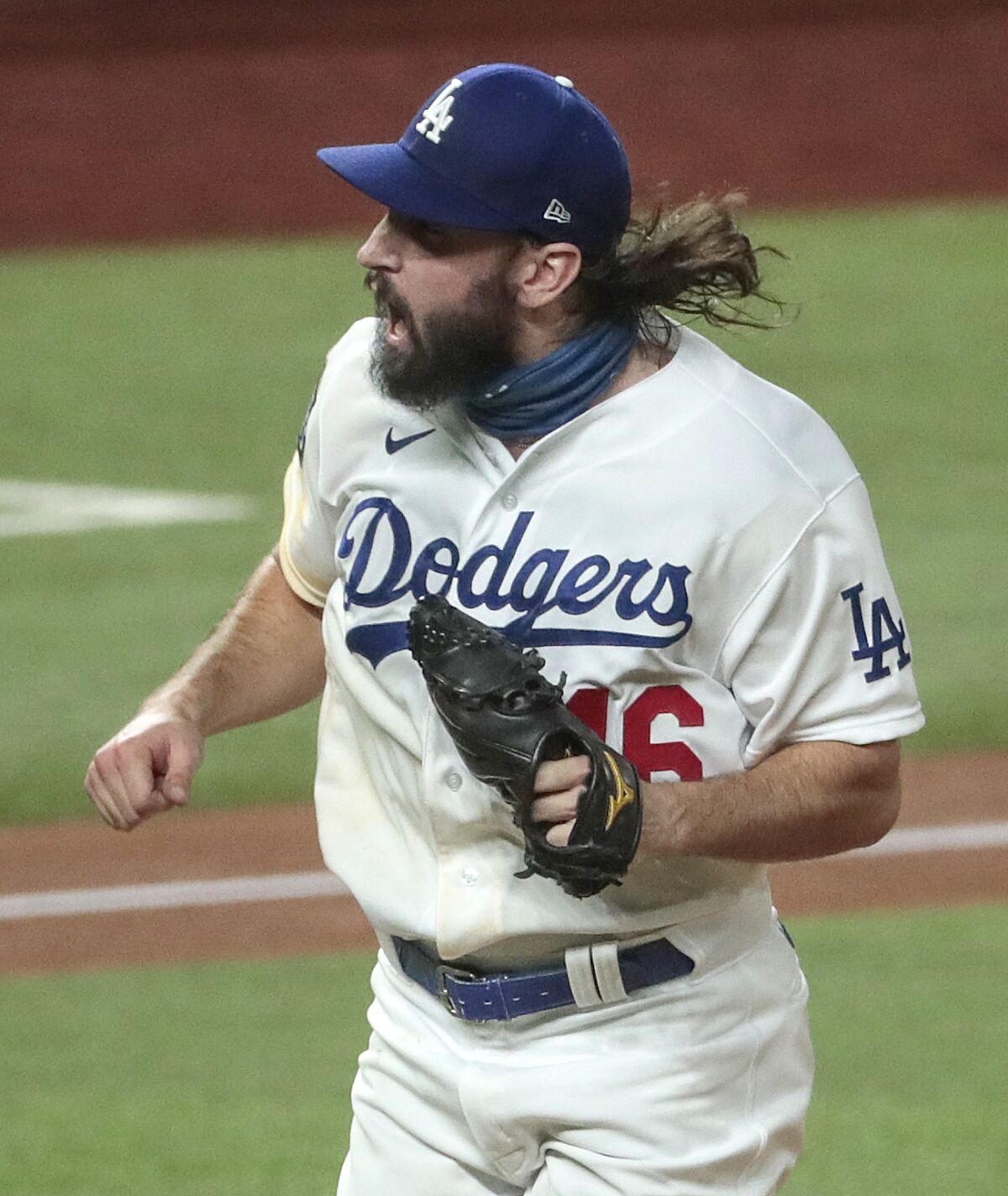 Dodgers starting pitcher Tony Gonsolin reacts after striking out Tampa Bay Rays third baseman Joey Wendle.