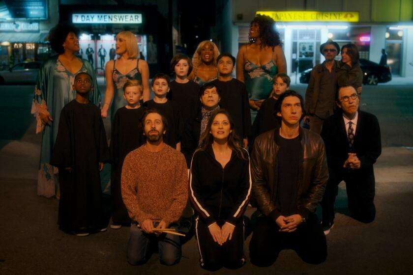 Front row: Simon Helberg, Marion Cottilard and Adam Driver in 'Annette.'