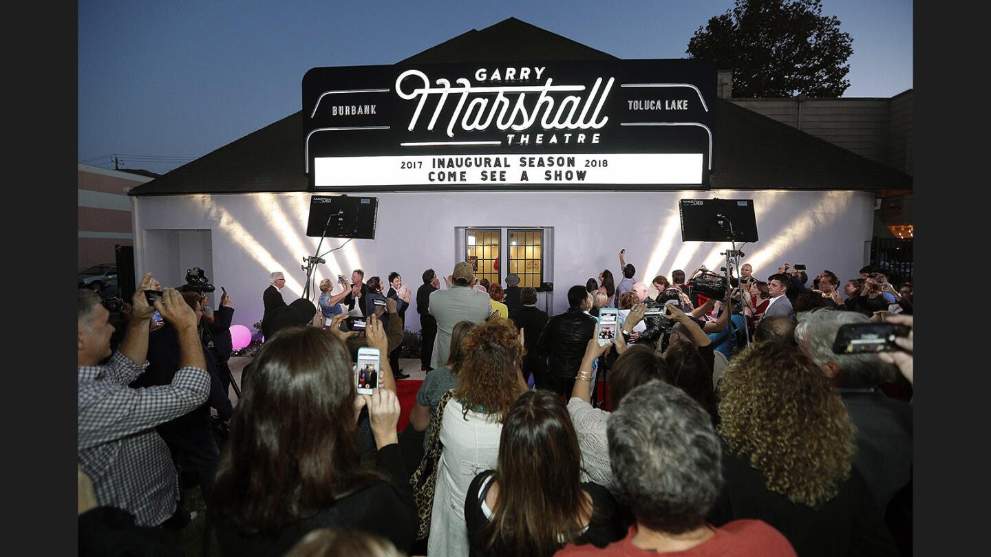 The marquee is lit at the official lighting of the marquee for the new Garry Marshall Theatre in Burbank on Thursday, September 21, 2017. Roughly 200 people, many who were involved with Garry Marshall productions over the years, attended.