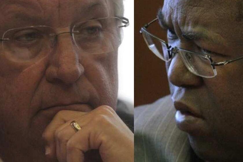 Los Angeles County Supervisors Don Knabe and Mark Ridley-Thomas at a meeting of the Los Angeles Memorial Coliseum Commission in November 2011.