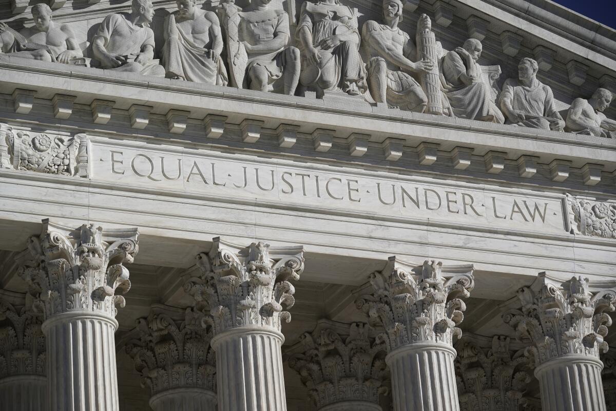 The pediment of the Supreme Court in Washington with the words "Equal justice under law."