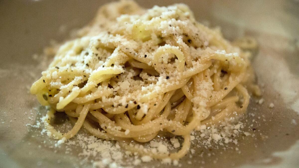 Tonnarelli cacio e pepe at Felix Trattoria in Venice. (Myung J. Chun / Los Angeles Times)