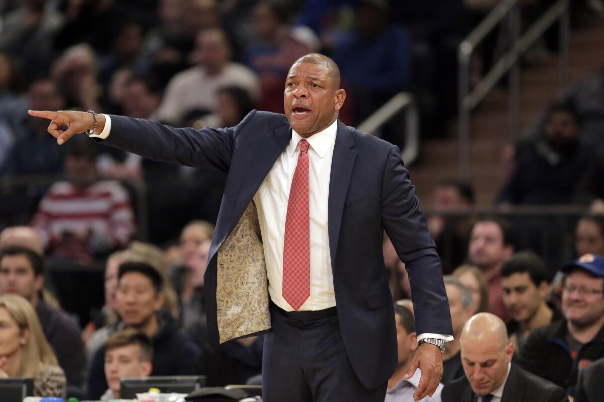 Los Angeles Clippers head coach Doc Rivers gestures during the first half of the NBA basketball game against the New York Knicks, Sunday, March 24, 2019, in New York.