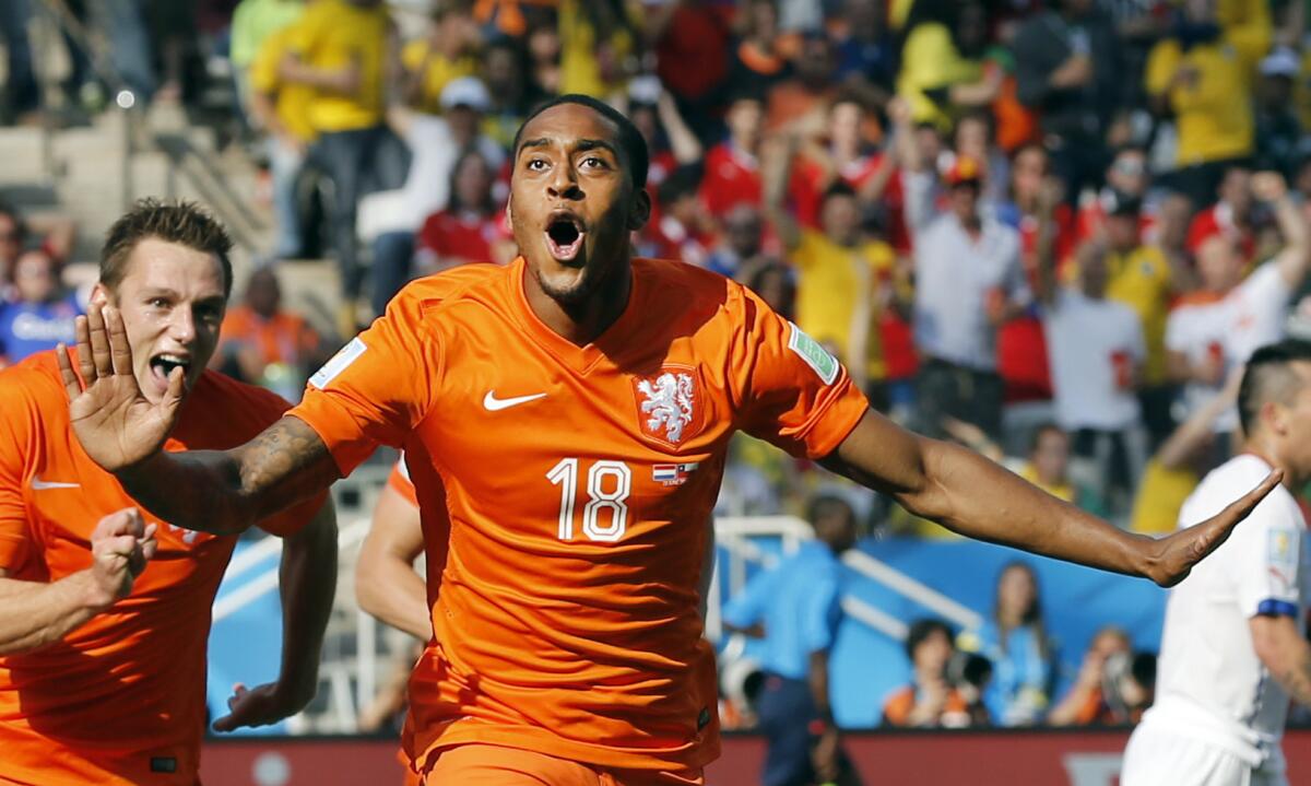 Netherlands' Leroy Fer celebrates after scoring against Chile at the Itaquerao Stadium in Sao Paulo, Brazil, on Monday.