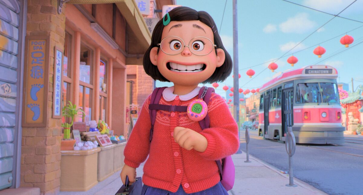 An animated scene of a 13-year-old walking down a Chinatown sidewalk, a trolley oncoming to her left 