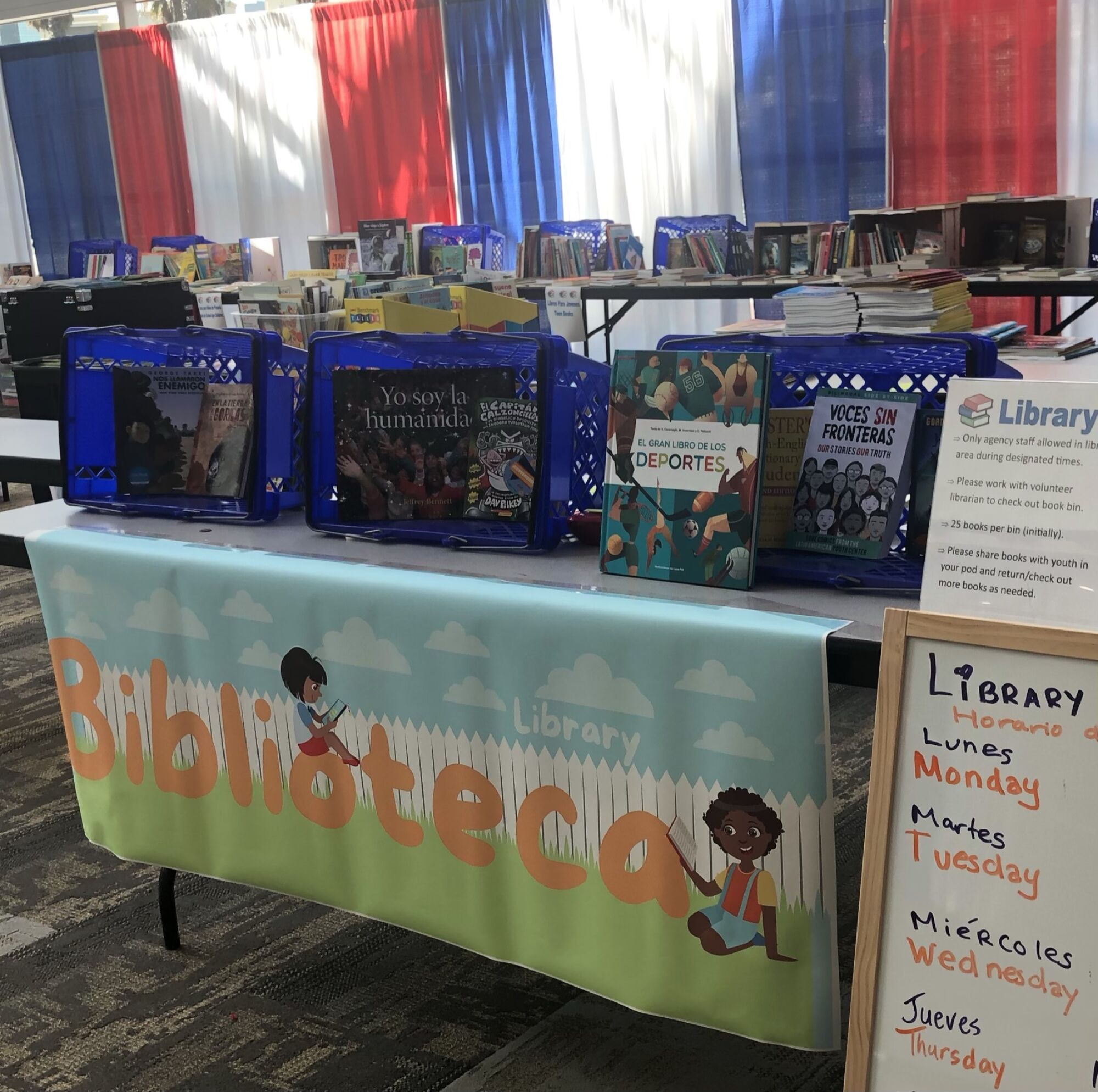 A table with crates of books and a sign that says "Biblioteca" or library