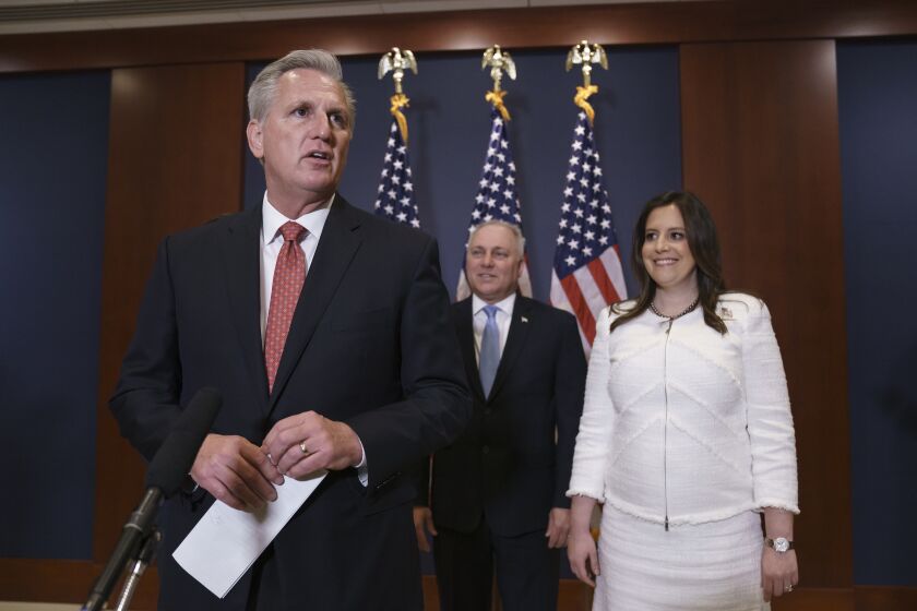 From left, House Minority Leader Kevin McCarthy, R-Calif., Minority Whip Steve Scalise, R-La., and Rep. Elise Stefanik, R-N.Y., speak to reporters at the Capitol in Washington, Friday, May 14, 2021, just after Stefanik was elected the new chair of the House Republican Conference, replacing Rep. Liz Cheney, R-Wyo., who was ousted from the GOP leadership for criticizing former President Donald Trump. (AP Photo/J. Scott Applewhite)