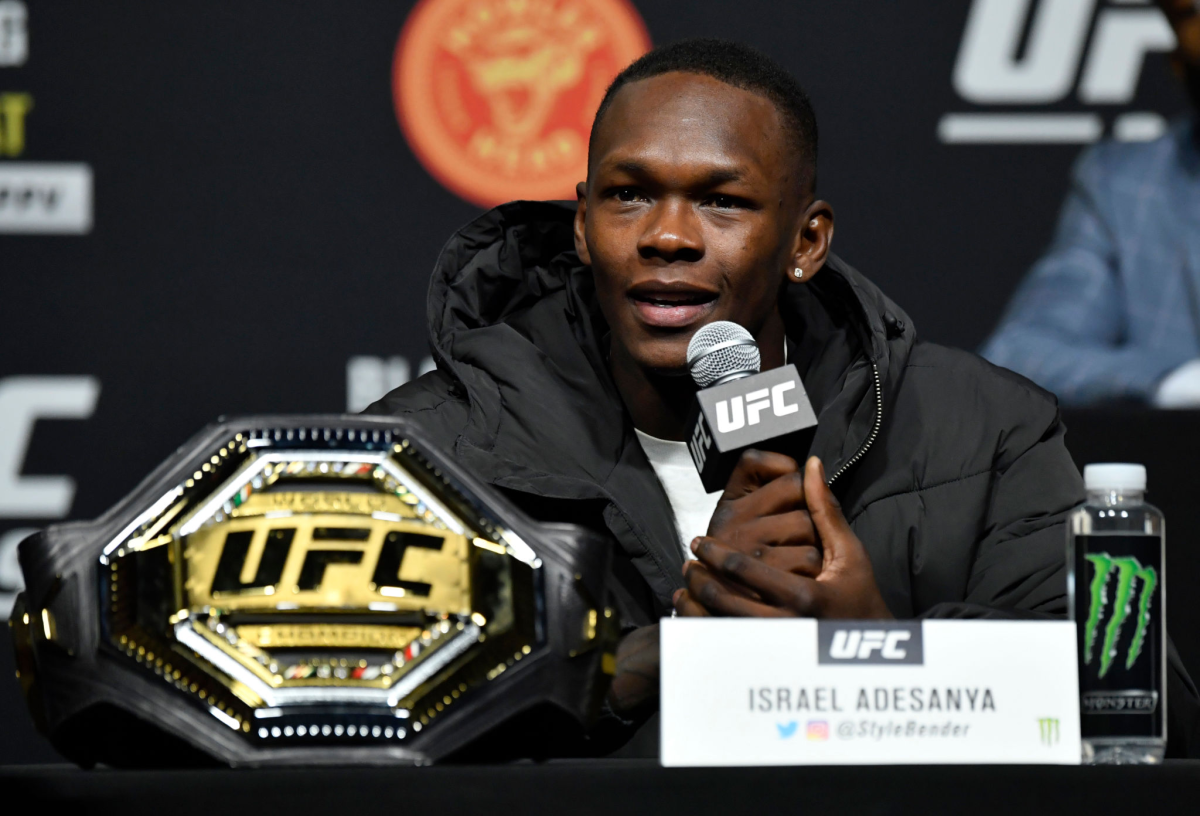 Light heavyweight champion Israel Adesanya speaks during a news conference in Las Vegas on Thursday.