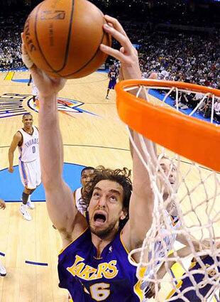 On the rebound: Pau gets a rebound against the Oklahoma City Thunder.