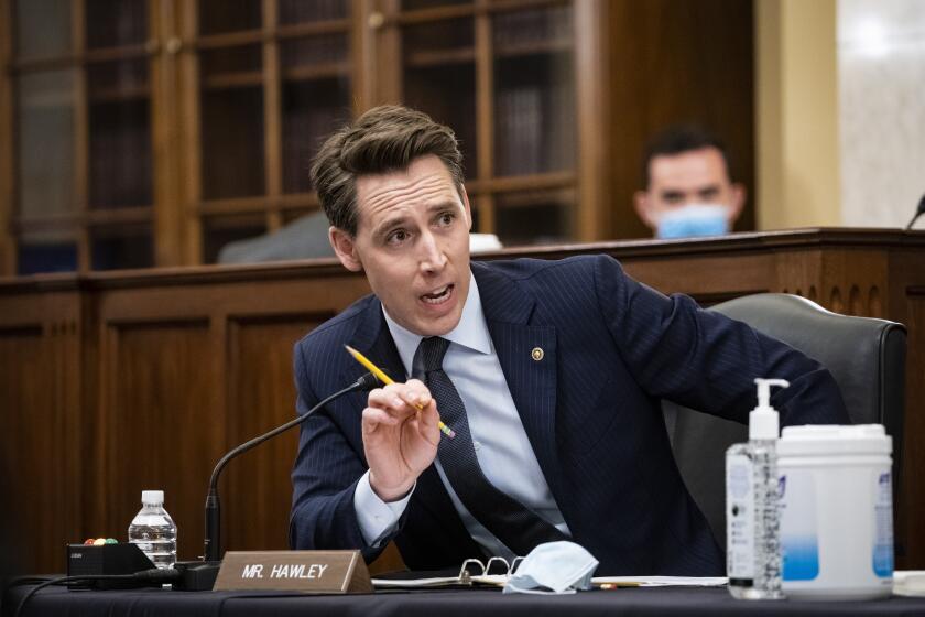Sen. Josh Hawley, R-Mo., speaks during a Senate Small Business and Entrepreneurship hearing to examine implementation of Title I of the CARES Act, Wednesday, June 10, 2020 on Capitol Hill in Washington. (Al Drago/Pool via AP)