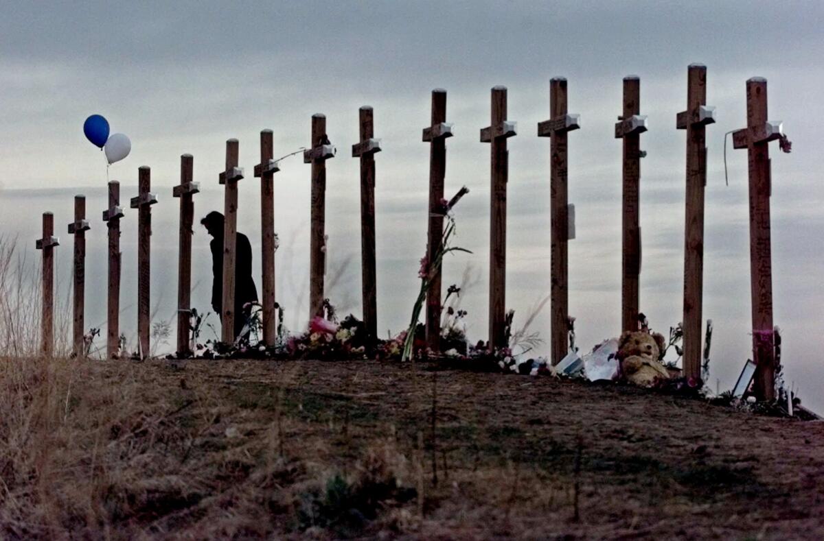Crosses dot a hill in Littleton, Colo., in April 1999 after the shooting rampage at Columbine High School.