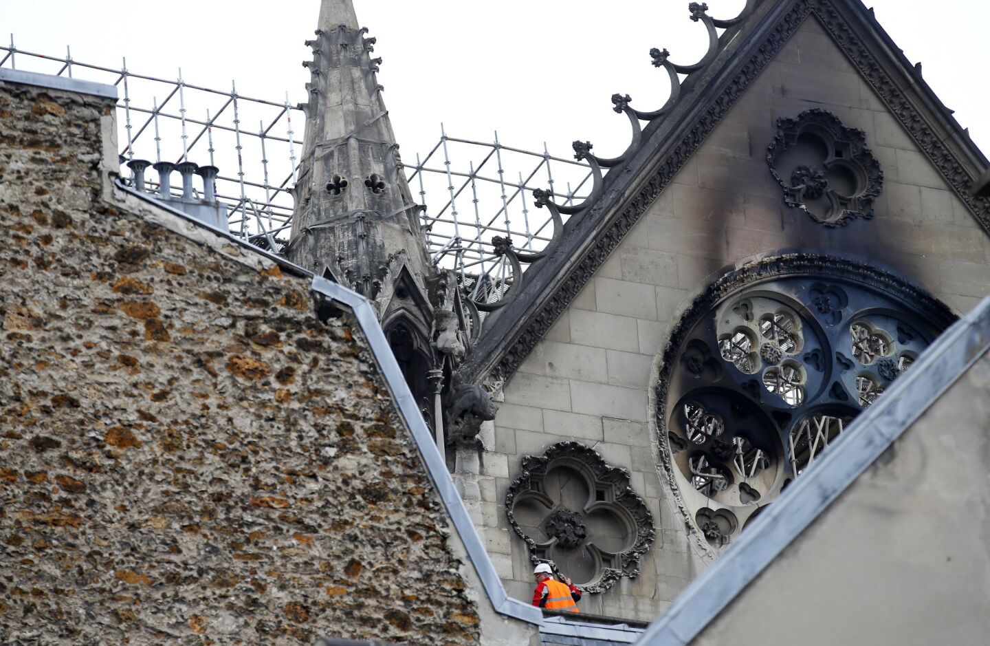 Charred windows at Notre Dame Cathedral in Paris.