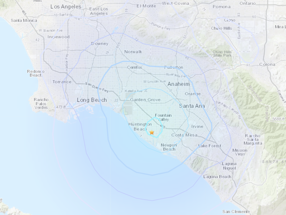 A shake map of an earthquake in Huntington Beach. 
