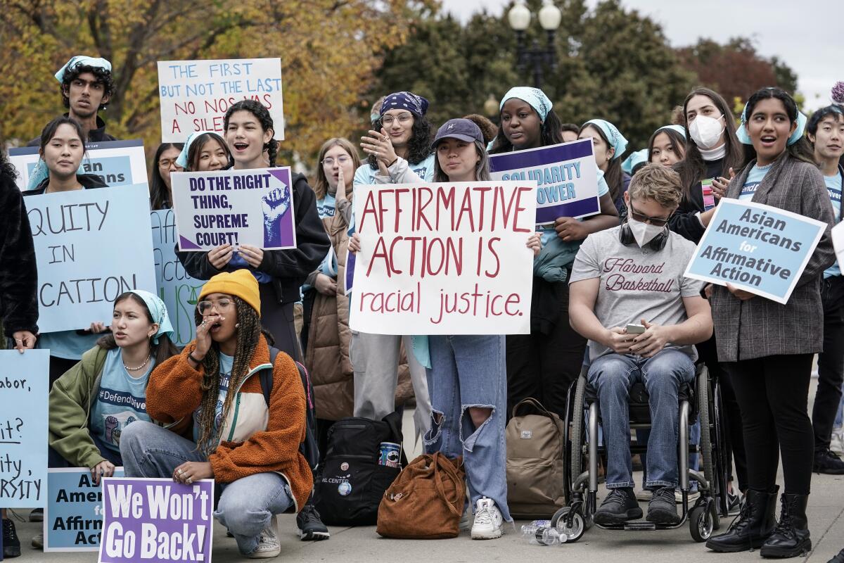 Supporters of affirmative action demonstrate outside the U.S. Supreme Court on Oct. 31, 2022. 