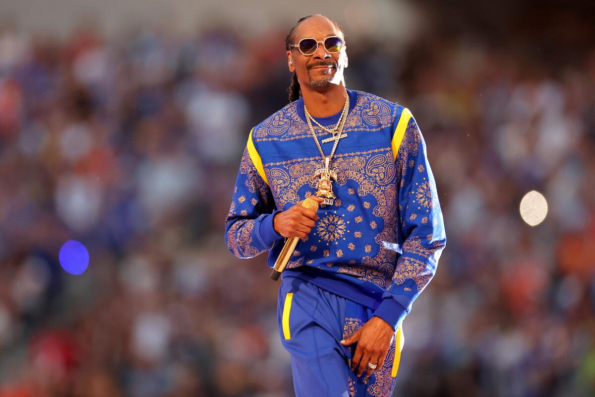 A male rapper in a blue and gold outfit with a gold microphone performs at a sporting event