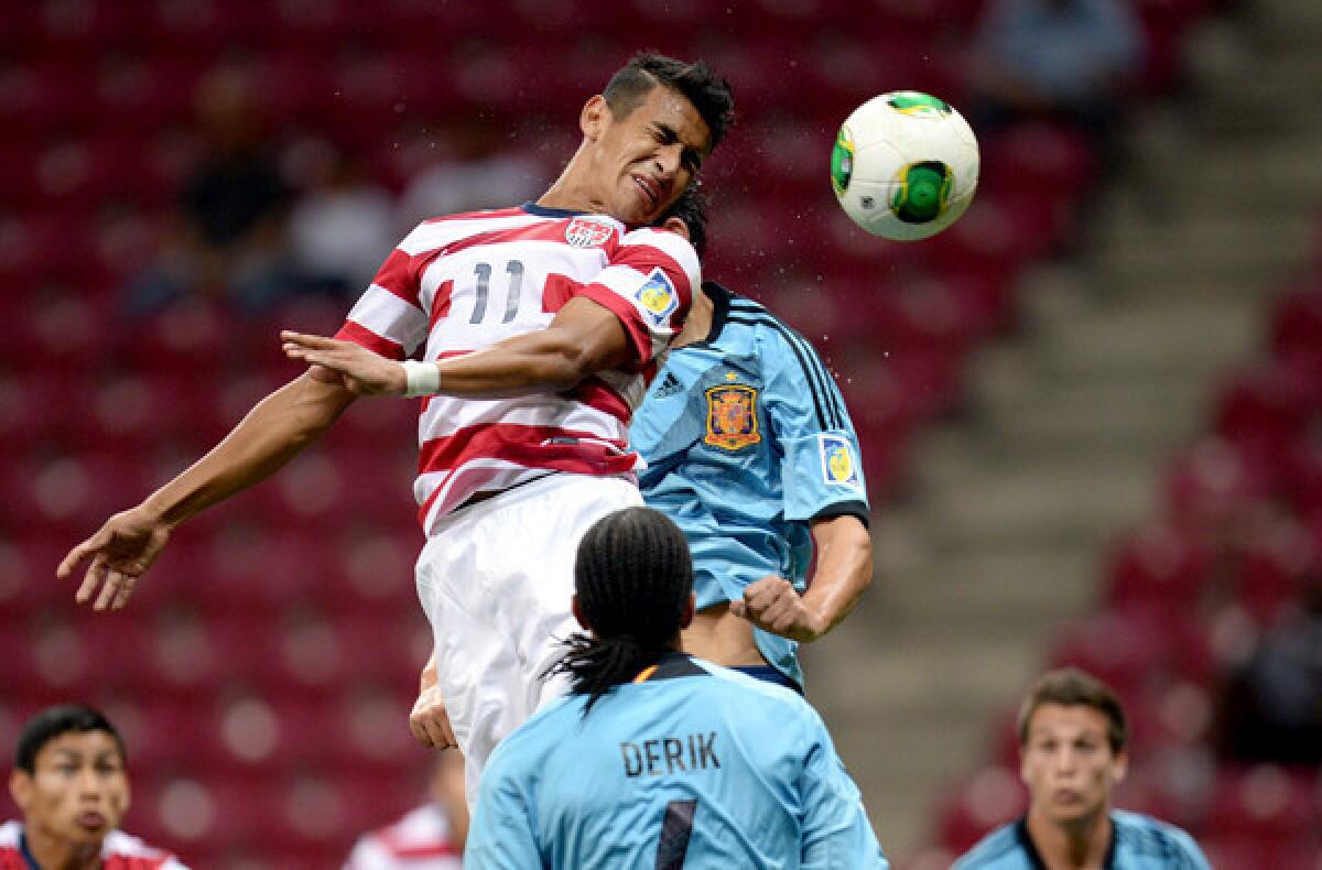 American Jose Villarreal tries to score against Spain during the FIFA Under 20 World Cup earlier this month in Turkey.