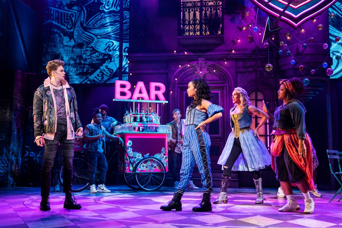 Three women confront a man "& Juliet" At the Stephen Sondheim Theater.
