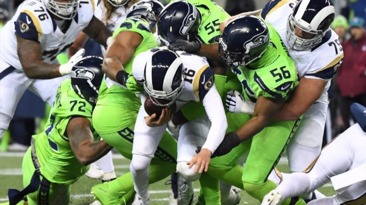 Rams quarterback Jared Goff is sacked the Seahawks defense during the third quarter of a game on Dec. 15.