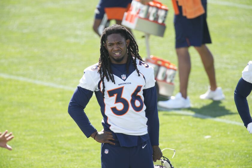 Denver Broncos defensive back Trey Marshall (36) takes part in a drill at an NFL organized training activity session at the team's headquarters Tuesday, June 1, 2021, in Englewood, Colo. (AP Photo/David Zalubowski)