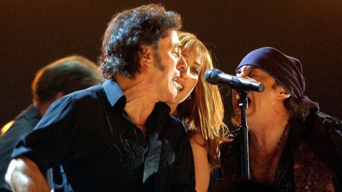 Bruce Springsteen and the E Street Band, shown performing on the Grammy Awards at Madison Square Garden in 2003, when the ceremony last took place in New York City.