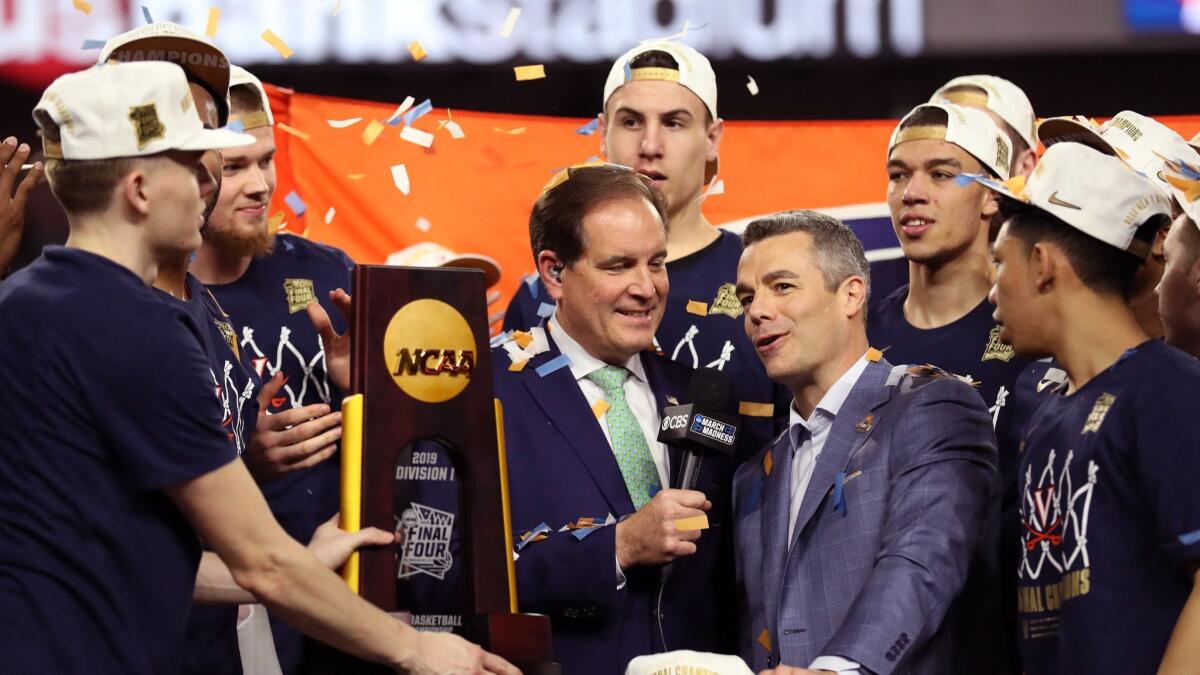 Head coach Tony Bennett of the Virginia Cavaliers is interviewed by Jim Nantz after Virginia's 85-77 victory over the Texas Tech Red Raiders to win the 2019 NCAA men's National Championship at U.S. Bank Stadium on April 08, 2019 in Minneapolis.