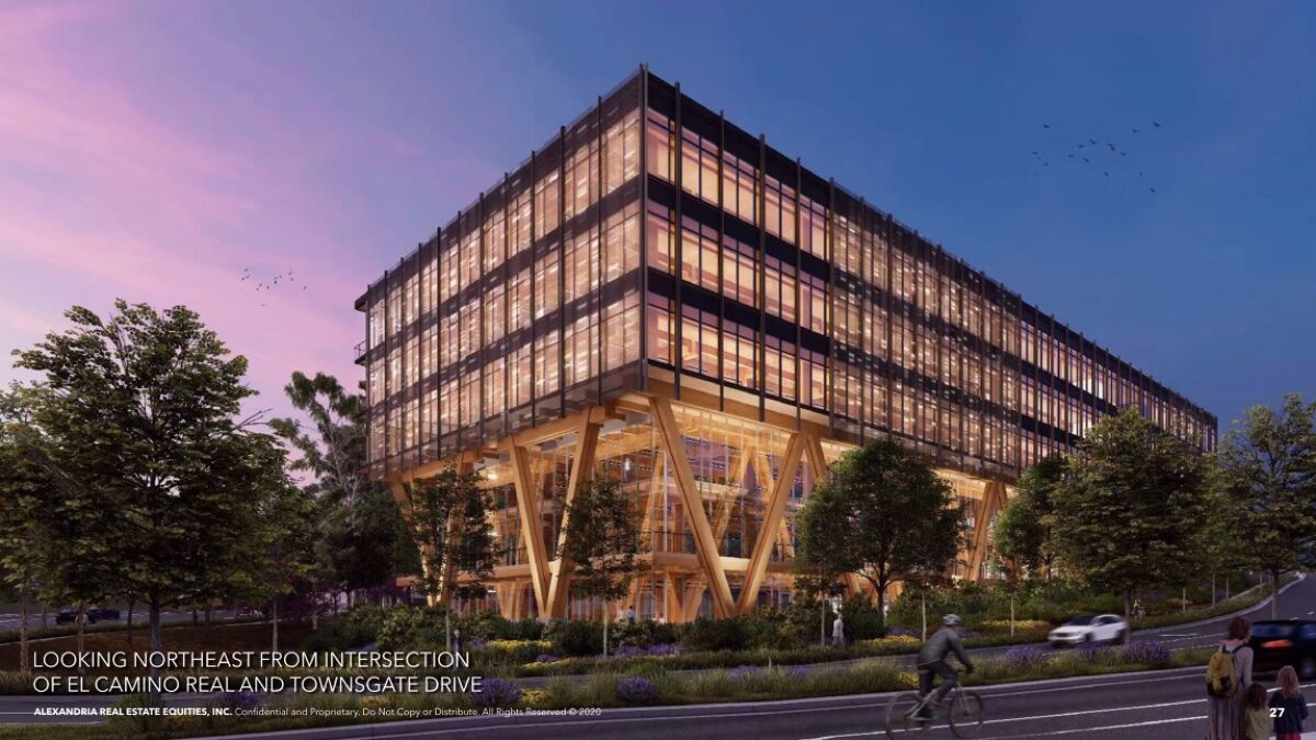 A rendering of The Grove, an office building planned for El Camino Real and Townsgate Drive.
