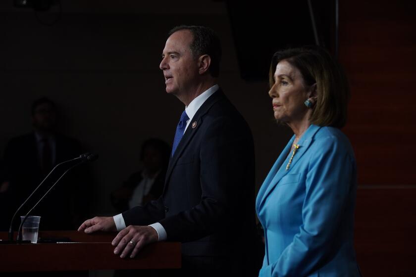 WASHINGTON, D.C.,OCTOBER 2, 2019?HOUSE OF REP. SPEAKER NANCY PELOSI AND REP. ADAM SCHIFF, HELD A PRESS CONFERENCE TO TALK ABOUT IMPEACHMENT AND LOWERING THE COST OF DRUGS IN THE US. (kirk D. McKoy / Los Angeles Times)