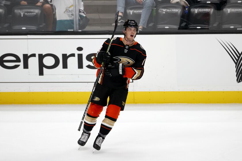 Anaheim Ducks forward Troy Terry (19) looks at score board after scoring against the San Jose Sharks during the third period of an NHL hockey game Sunday, Sept. 26, 2021, in Anaheim, Calif. The Ducks won 6-3. (AP Photo/Ringo H.W. Chiu)