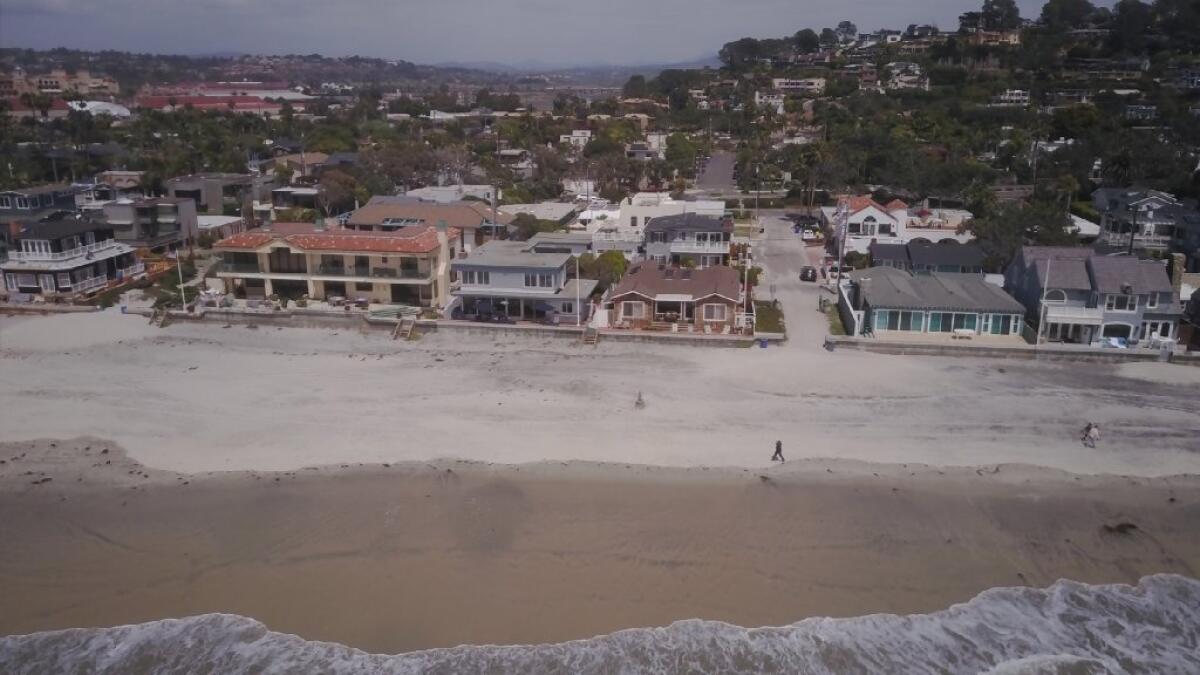 Homes along Ocean Front between Powerhouse Park and the San Dieguito River in Del Mar are threatened by rising sea levels.