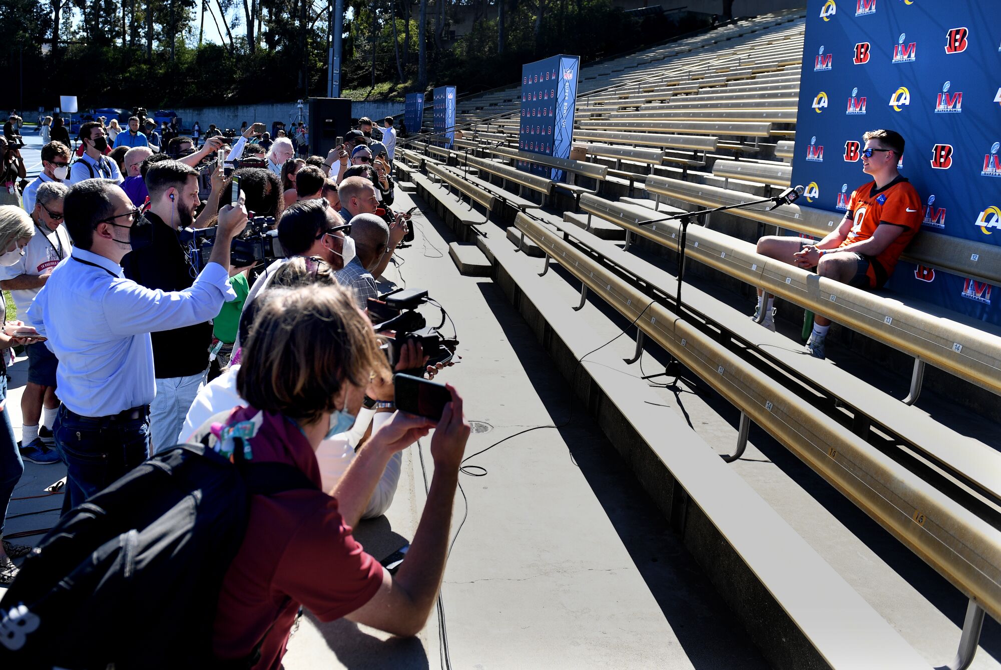 Bengals quarterback Joe Burrow speaks during media day at UCLA Friday.