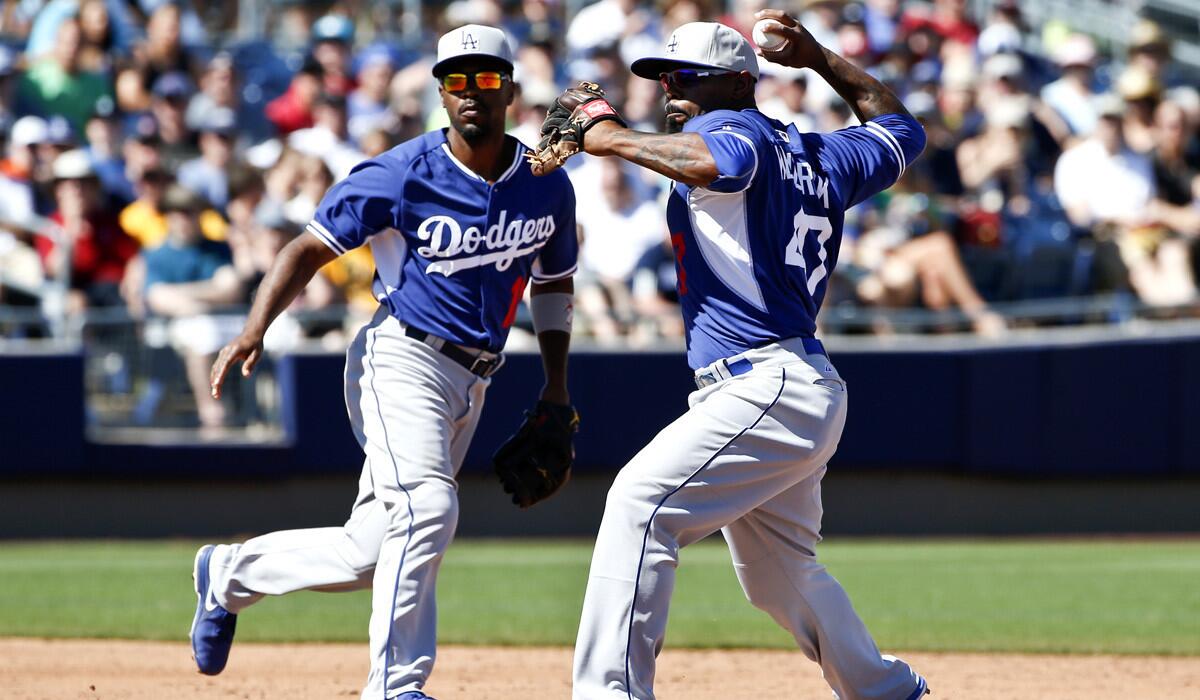 Dodgers second baseman Howie Kendrick relays to first after getting a throw from shortstop Jimmy Rollins to complete adorable play in the third inning of a spring training baseball game on March 15.