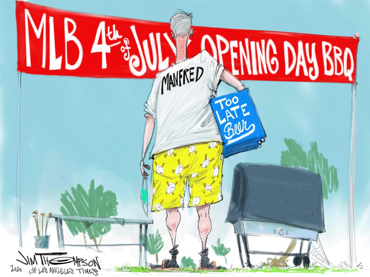 Cartoon showing too late beer for MLB opening day BBQ.