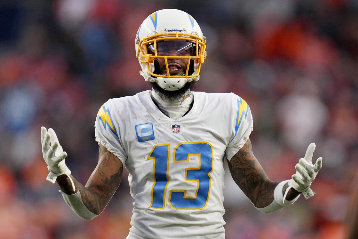 Chargers wide receiver Keenan Allen looks for a call from the referee against the Denver Broncos on Nov. 28.
