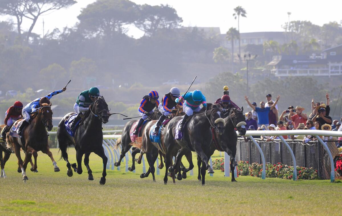 Horses make the final turn on opening day for Del Mar last July. 